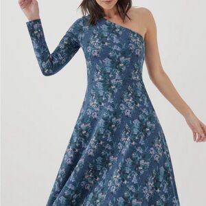 Pact Fit and Flare Floral One-Shoulder Blue Dress